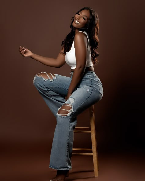 loving who I am becoming🤎 Photoshoot Ideas Lifestyle, Ideas For Portrait Photography, Self Portrait Poses Studio, Studio Shoot Poses For Women, Black Woman Posing, Pose For Birthday Photoshoot, Jeans Photoshoot Black Women, Shoot Inspo Ideas, Barstool Photoshoot Ideas