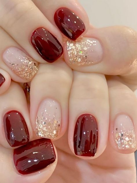 Gold Gel Nails, Red And Gold Nails, Elegance Dress, Milky Nails, Maroon Nails, Luxury Photography, Valentine Nails, Simple Gel Nails, Gold Nail