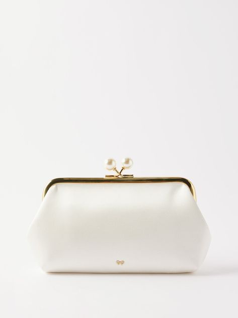 Maud shoulder-chain satin clutch bag | Anya Hindmarch Designer Handbag Storage, Anya Hindmarch Bag, Pearl Clutch, Pearl Clasp, Handbag Storage, Satin Clutch, White Clutch, Wedding Clutch, Purse Brands