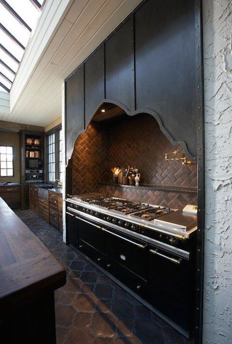 23 Classy Gothic Kitchen And Dining Room Designs | Interior God Spanish Revival Kitchen, Parrilla Interior, Gothic Kitchen, Kitchen Remodel Cost, Kitchen Range Hood, Eclectic Kitchen, Dark Kitchen, Built In Grill, Spanish Revival