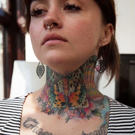 Moth Neck Tattoo | Tattoo Ideas and Inspiration Colorful Neck Tattoo, Moth Neck Tattoo, Juliet Stevenson, Neck Tattoos Women, Side Tattoos, I Miss Her, Neck Tattoo, Woman Colour, Tattoos For Women