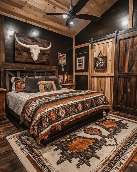 White Western Bedroom Ideas, Black Country Bedroom Ideas, Country Bedroom Ideas For Couples, Aztec Bedroom Ideas Farmhouse, Mens Western Bedroom Ideas, Black And Brown Western Bedroom, Black Western Bedroom Ideas, Hunting Lodge Bedroom Ideas, Western Bedrooms Master