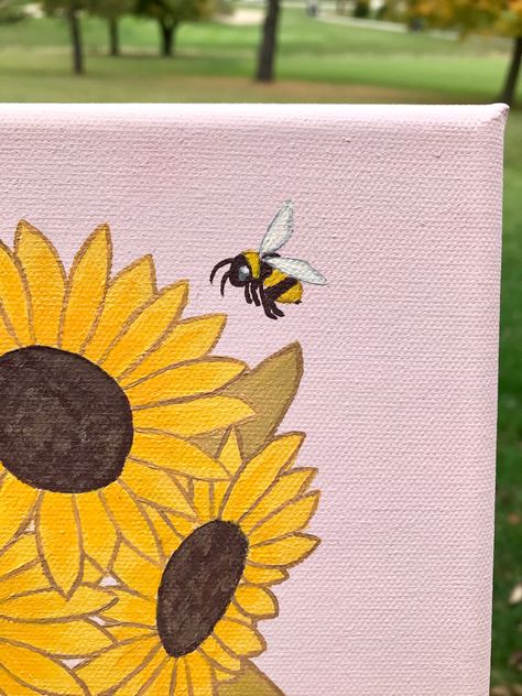 Sunflowers On Canvas, Happy Canvas Painting, Sunflower Painting On Canvas, Sunflowers Canvas Painting, Cute Sunflower Paintings Easy, Sunflower Painting Easy Simple, Bee Painting Easy, Bee Painting Ideas, Summer Acrylic Painting Ideas