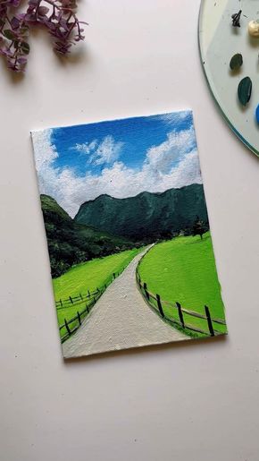 Simple Watercolor Landscapes For Beginners, Acrylic Paint Landscape Easy, Mini Paintings Simple, Landscape Paintings For Beginners, Scenery Painting Ideas, Landscape Painting Ideas For Beginners, Painting Tutorial Acrylic, Poster Colour Painting, Nature Paint