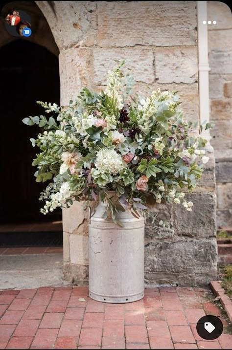 Foliage For Flower Arranging, Wedding Milk Churn, Milk Can Floral Arrangements, Wedding Flowers Entrance, Flowers In Milk Churns, Milk Churn Flower Arrangements, Marquee Entrance Flowers, Milk Churn Flowers Wedding, Forest Flower Arrangements