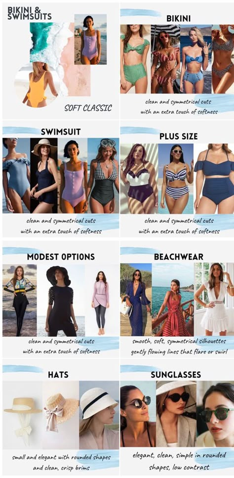 Soft Classic Kibbe Bathing Suits, Soft Classic Sunglasses, Soft Classic Swimsuit, Soft Classic Kibbe Summer, Soft Classic With Dramatic Essence, Dramatic Classic Swimsuit, Soft Classic Athleisure, Soft Dramatic Hats, Soft Classic Kibbe Glasses