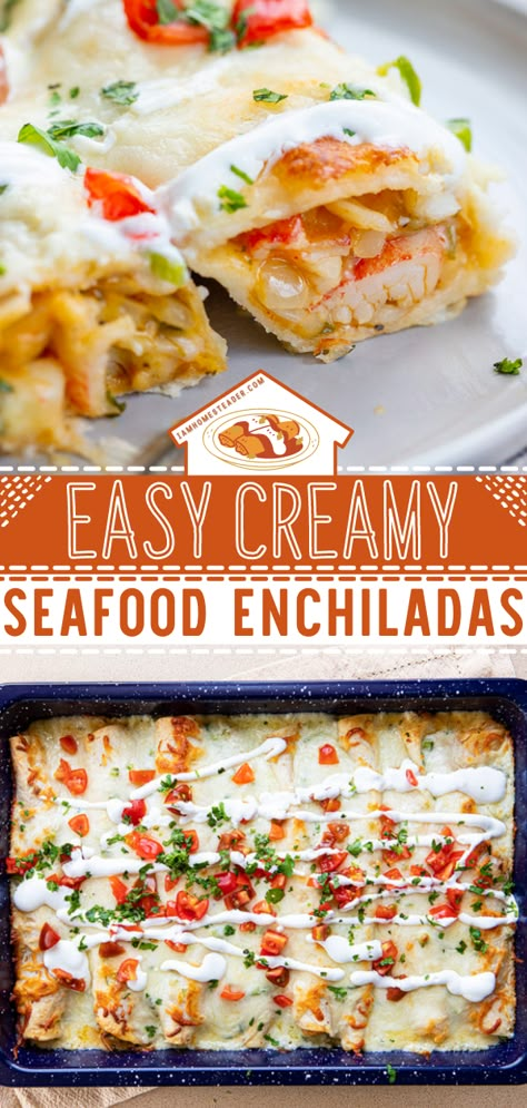 Chi Chis Cancun Enchiladas, Crab Meat Enchiladas, Shrimp And Crab Enchiladas Recipe, Easy Shrimp Enchiladas Recipes, Lobster Enchiladas Recipe, Chi Chi Seafood Enchiladas, Mexican Seafood Dishes, Easy Creamy Shrimp Enchiladas, Seafood Enchiladas Recipe Chi Chi's