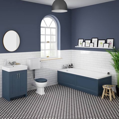 Blue Bathroom Walls, Navy Bathroom, Downstairs Toilet, Bathroom Color, Bathroom Suites, Downstairs Bathroom, Bathroom Suite, Blue Bathroom, Grey Bathrooms