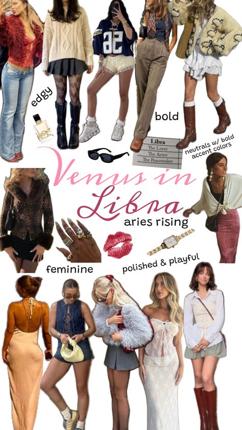 Venus in Libra Aries Rising Style Guide; this style is feminine and polished with a hit of playfulness and edgy from Aries. Aries Rising, Venus In Aries, Venus In Libra, Libra Aries, Leo Rising, Aries And Libra, Venus Fashion, Taurus And Gemini, Warm Autumn