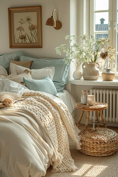 Calm Boho Bedroom Ideas, Boho Aesthetic House, Greek Bedroom Ideas, Coastal Apartment Aesthetic, Bohemian Room Aesthetic, Cozy Beach Bedroom, Coastal Cottage Bedroom Ideas, Beach Boho Bedroom, Bedroom Decor College