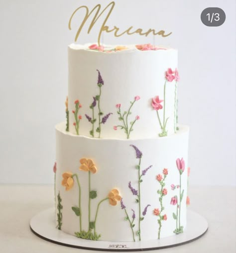 Boho Flower Birthday Cake, Wild Flowers Cake Ideas, 2 Tier Birthday Cake Flower Design, Floral Theme Birthday Cake, Floral One Year Old Birthday Cake, Piped Wildflower Cake, Floral Bridal Shower Cake Ideas, Wildflowers Birthday Theme, First Birthday Cake Floral