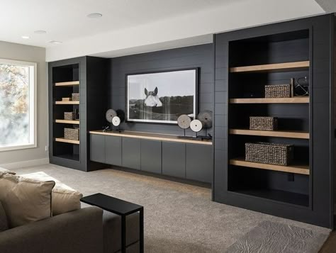 Media Room Design, Living Room Wall Units, Built In Shelves Living Room, Living Room Built Ins, Shelves Living Room, Living Room Entertainment Center, Basement Living Rooms, Basement Living, Decor Fireplace