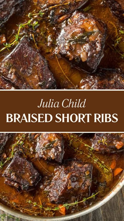 This Julia Child Braised Short Ribs recipe features olive oil, onion, carrots, beef ribs, salt, pepper, flour, red wine, beef broth, tomato paste, thyme, and rosemary. It takes 3 hours to prepare and serves 4 people. Christmas Braised Short Ribs, Braised Short Ribs With Mashed Potatoes, Braised Short Ribs Half Baked Harvest, Short Ribs And Mushrooms, Ina Garden Braised Short Ribs, Ina Garden Red Wine Braised Short Ribs, White Wine Braised Short Ribs, Italian Braised Beef Short Ribs, Quick Braised Short Ribs