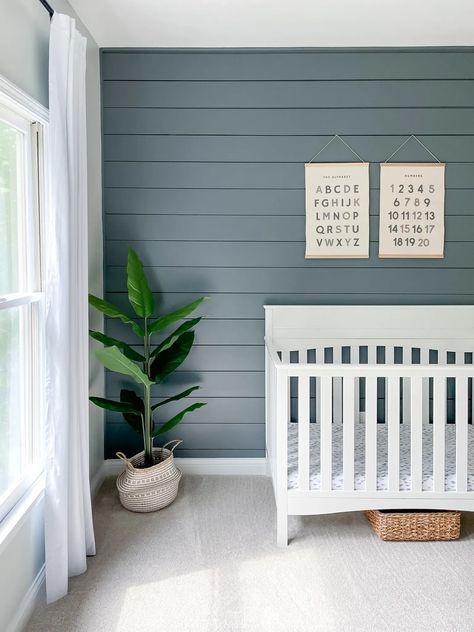 Boy Room Accent Wall, Shiplap Nursery, Wall Facebook, Toddler Boy Room, Boy Nursery Colors, Blue Nursery Boy, Nursery Accent Wall, Blue Accent Walls, Nursery Room Design