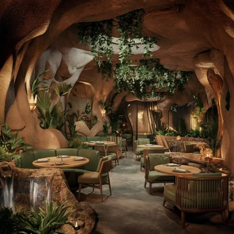 Rainforest Theme Restaurant, Forest Theme Restaurant Interior Design, Fairytale Cafe Interior, Jungle Theme Restaurant Interior Design, Cafe Forest Design, Jungle Restaurant Design, Nature Restaurant Design Inspiration, Nature Cafe Design, Rainforest Cafe Aesthetic