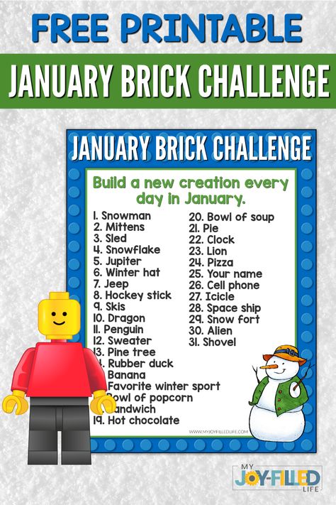 Downloadable, printable page with 31 Lego brick building prompts related to the month of January. #LEGO #legochallenge #freeprintable via @slavila Lego Challenge, Lego Videos, Lego Club, Lego Activities, Lego Games, Lego Craft, Lego Storage, Lego Pieces, Lego Toys