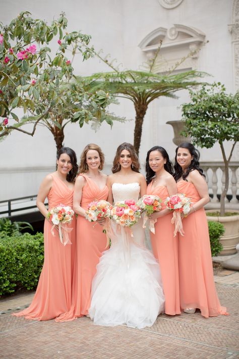 Peach-Colored Long Bridesmaid Dresses Peach Color Table Runner, Peach Color Bridesmaid Dresses, Bridesmaid Dresses Coral, Peaches Wedding, Peach Wedding Theme, Color Bridesmaid Dresses, Coral Wedding Colors, Groomsmen And Bridesmaids, Peach Color Dress