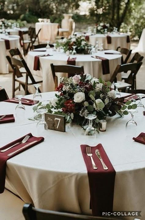 Dark Red Wedding Table Decorations, Red Table Linens Wedding, White Green And Burgundy Wedding Flowers, Red And Green Wedding Table Decor, Sage Green And Burgundy Wedding Wedding Table Decor, Burgundy And White Flower Centerpieces, Burgundy Winter Wedding Decor, Round Burgundy Wedding Tables, November Wedding Decorations Receptions