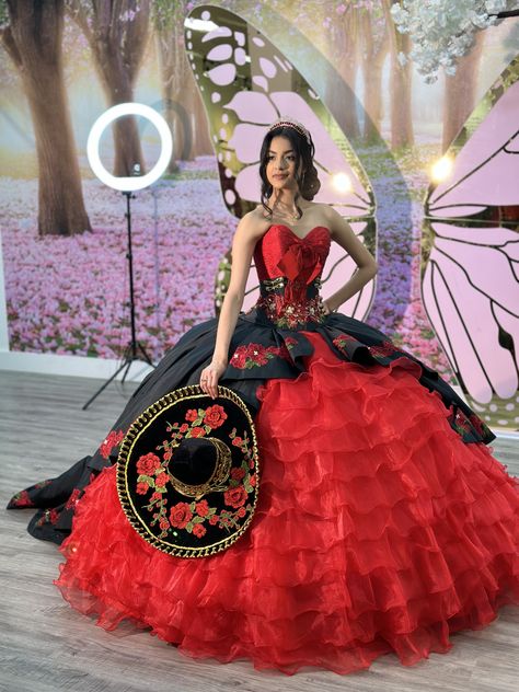 Coco Quinceanera Theme, Red And Black Charro Quinceanera Dress, The Book Of Life Quinceanera Theme, Book Of Life Theme Quince, Red And Blue Quinceanera Theme, Black And Red Quince Dress, Charo Quince Dresses, Charro Quince Theme, Book Of Life Quinceanera