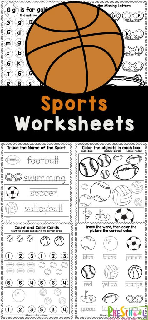 Does your pre-k student love sports? Grab these free printable sports worksheets for preschoolers to work on some fundamental math and literacy skills with a fun sports theme. These sports preschool worksheets include exercises to learn, practicing and reviewing pre-writing skills, alphabet letters, counting, addition, subtraction, writing name, and more!. Simply print the preschool sports themed printables to play and learn with this fun preschool sports theme. Fall Sports Preschool Theme, Sports Theme Worksheets Preschool, Sports Themed Literacy Activities, Exercise Day Kindergarten, Sport Preschool Crafts, Sports Writing Activities Preschool, Sport Craft Ideas, Sport Themed Activities For Preschool, Sport Theme Activities Preschool