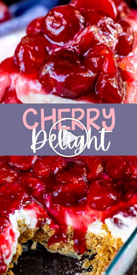 ✓ ✓ Cherry Delight is like no bake cherry cheesecake with graham cracker crust and cherry pie filling - the perfect no bake dessert recipe! summ..!! Classic Cherry Delight, Cherry Delight Recipe, Cheesecake With Graham Cracker Crust, Simple Summer Desserts, Summer Desserts Gluten Free, Summer Desserts Easy No Bake, Desserts Easy No Bake, No Bake Cherry Cheesecake, Cherry Delight