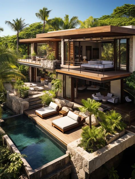 Bali Style House Exterior, Modern Industrial Beach House, Villa Style Home Exterior, Tropical Villa Exterior, Bali Villa Exterior, Modern House Nature, Modern Tropical House Exterior, Cancun House, Mexican Villa House