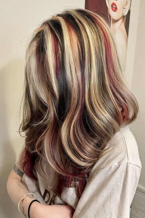 Faded calico hair color with soft blonde, orange, and black tones for a subtle look Edge Hair Color, Calico Hair Streaks, Calico Hair On Blonde, Calico Streaks, Calico Hair Underneath, Pink Hair And Blonde, Calico Highlights, Light Calico Hair, Blonde Calico Hair