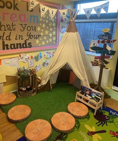 Reading Corner Tent Classroom, Reggio Inspired Cozy Corner, Reading Corner Aesthetic Classroom, Reading Tent Classroom, Home Corner Preschool, Classroom Decor Reading Corner, Childcare Room Themes, Nature Themed Library, Camping Reading Corner