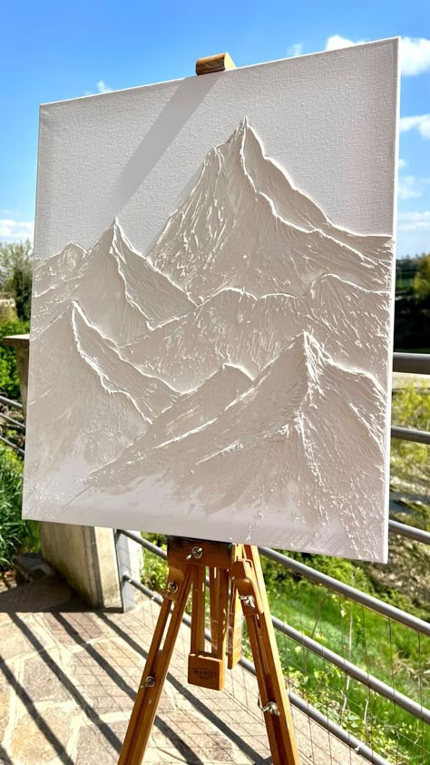 Powder Room Wall Art Modern, Mountain Texture Wall Art, Texture Paste Mountain, Spackle Art Texture Diy Mountains, Diy Textured Mountain Wall Art, Diy Upcycle Canvas Art, Mountain 3d Art, Painting Ideas With Texture, How To Make 3d Painting