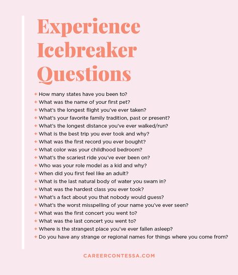 100 Icebreaker Questions for Interviews + Beyond | Career Contessa Ice Breaker Questions For Dating, Interview Questions For Friends, Podcast Interview Questions, Ice Breaker Questions For Work, Business Questions To Ask, Fun Interview Questions, Funny Interview Questions, Recruitment Questions, Office Icebreakers