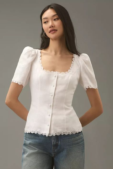 Women's Tops, Blouses, Tees and Tanks | Anthropologie Sweetheart Neckline Top, Romantic Tops, Unique Blouse, Princess Seams, 2024 Fashion, Scalloped Lace, Top Design, Sweetheart Neck, Linen Top