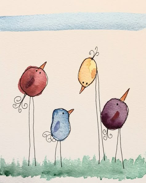 Paint On Boards Ideas, Making Watercolor Cards, Whimsical Bird Art Watercolors, Watercolor Outlined In Pen, Whimsical Birds Drawing, Water Colour For Beginner, Beginner Water Coloring Ideas, Water Colour Card Ideas, Water Colour Painting For Kids