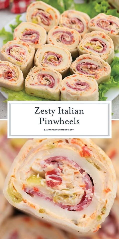 These Italian pinwheels have all the flavors or an italian sub wrapped up into the perfect appetizer! Great for parties or a game day snack! Pinwheel Recipes Italian, Italian Rollups Appetizers, Italian Tortilla Pinwheels, Italian Pinwheels With Cream Cheese, Spicy Italian Pinwheels, Easy Portable Snacks, Salami Pinwheels Tortillas, Italian Sub Bites 12 Tomatoes, Italian Roll Ups Tortilla