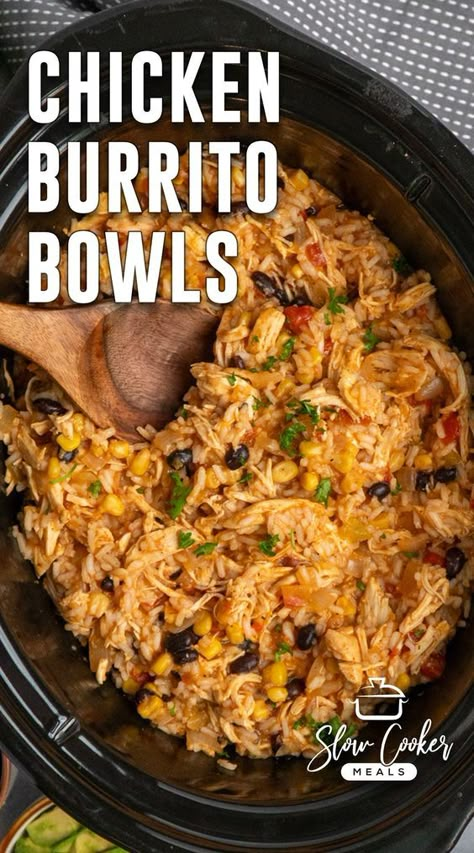 Enjoy this easy Crock Pot Chicken Burrito Bowl recipe! It's a simple weeknight dinner winner with slow-cooked and seasoned chicken, beans, corn, and rice. Just add your favorite burrito toppings for a tasty, stress-free meal for dinner or meal prep throughout the week! Crockpot Meal Prep, Chicken Burrito Bowls, Chicken Bowl Recipe, Burrito Bowls Recipe, Healthy Dinner Recipes For Two, Chicken Burrito Bowl, Chicken Burrito, Crockpot Dinners, Healthy Dinner Recipes For Family