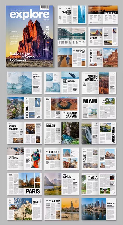 Modern Magazine Template INDD. Final printed size: US Letter. Layout Template Magazine, Magazine Last Page Design, Professional Magazine Layout, Free Magazine Template, Magazine Articles Layout, Magazine Design Template, Single Page Magazine Layout, Horizontal Magazine Layout, Magazine Page Design Creative