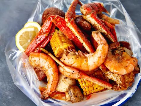 Seafood Boil in a Bag Recipe In A Bag Recipes, Seafood Boil In A Bag, Seafood Boils, Juicy Bag, Prawn Dishes, Seasoned Butter, Seafood Boil Recipes, 5 Ingredient Dinners, Boiled Food