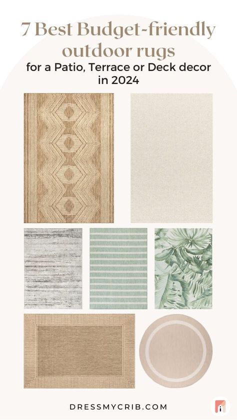 A collection of 7 beautiful and affordable outdoor rugs that complement modern decor, farmhouse style and gives patio rugs outdoor ideas. These beige, ivory rugs and sage green rugs are versatile pieces that make the patio terrace feel put together and cozy. All the outdoor rugs patio ideas can be virtually viewed on your patio via DressMyCrib rug visualization tool. Find the rug that compliments your terrace decor and patio decor, whether a Morrocan, waterproof or outdoor area rug. Sage Green Rugs, Outdoor Rugs Patio Ideas, Patio Rugs Outdoor Ideas, Patio Rugs Outdoor, Ivory Rugs, Deck Terrace, Sage Green Rug, Small Patio Ideas, Beige Rugs