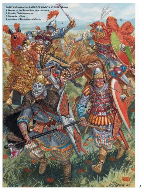 Battle of Abydos between Early Varangians/Byzantines & early medievel Russians, AD 989 - art by Giuseppi Rava Byzantine Army, Varangian Guard, Warriors Illustration, Historical Warriors, Eastern Roman, Empire Romain, Ancient Warfare, Byzantine Empire, Roman Soldiers