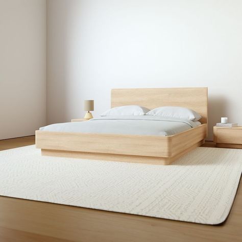 organic modern curved oak bed frame Pedestal Bed, Japandi Bed, Tattoo Modern, Modern Upholstered Beds, West Elm Bedding, Minimalist Bed, Modern Bed Frame, Oak Beds, Bed Queen