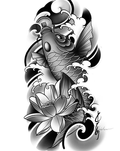 Fish design tattoo black and Gray Pez Koi Tattoo, Tato Irezumi, Coverup Ideas, Koi Dragon Tattoo, Japanese Koi Fish Tattoo, Koi Tattoo Sleeve, Tattoo Japanese Style, Koi Tattoo Design, Tier Tattoo