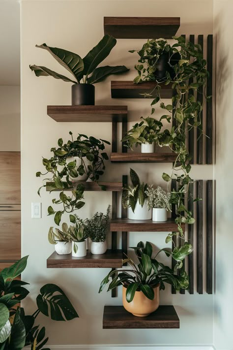 Interior Plant Decor, Plant Decor Dining Room, Plant Set Up Indoor Living Room, Plants In Kitchen Ideas Decor, Wooden Wall Shelves Living Room, Corner Wall Shelves Living Room, Indoor Design Living Room, Plant Wall Shelves, Plants On Wall