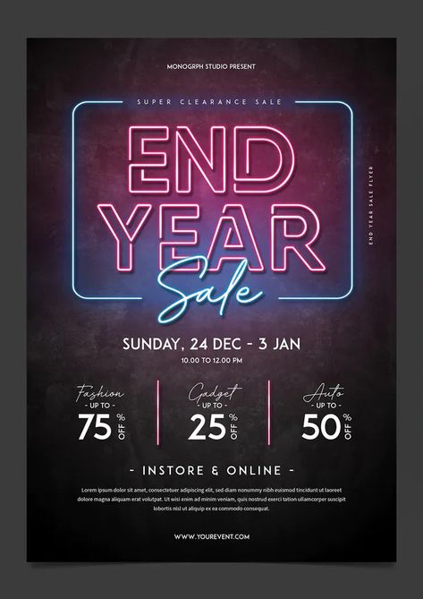 Year End Sale Poster Ideas, End Of Year Sale Poster, Neon Flyer Design, End Of Year Sale Design, New Year Promotion Design, Year End Sale Poster Design, New Year Sale Poster, Anniversary Sale Poster, New Year Sale Design