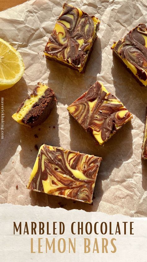 Chocolate Lemon Bars, Chocolate And Lemon Desserts, Chocolate Lemon Desserts, Lemon Chocolate Desserts, Scottish Kitchen, Marbled Chocolate, Pastry Packaging, Lemon Brownies, Chocolate Lemon