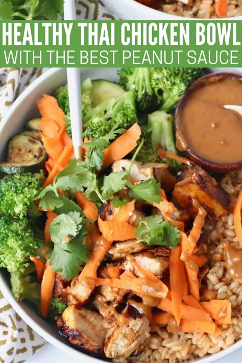 Delicious marinated and grilled Thai Chicken is combined with brown rice, veggies and THE BEST Thai Peanut Sauce in this healthy, gluten free bowl recipe that's easy to make in under an hour! Thai Chicken Bowl, Healthy Thai Chicken, Gluten Free Bowl, Rice Bowls Healthy, Peanut Sauce Chicken, Power Bowl Recipe, Chicken Bowl Recipe, Thai Peanut Sauce, Healthy Bowls Recipes