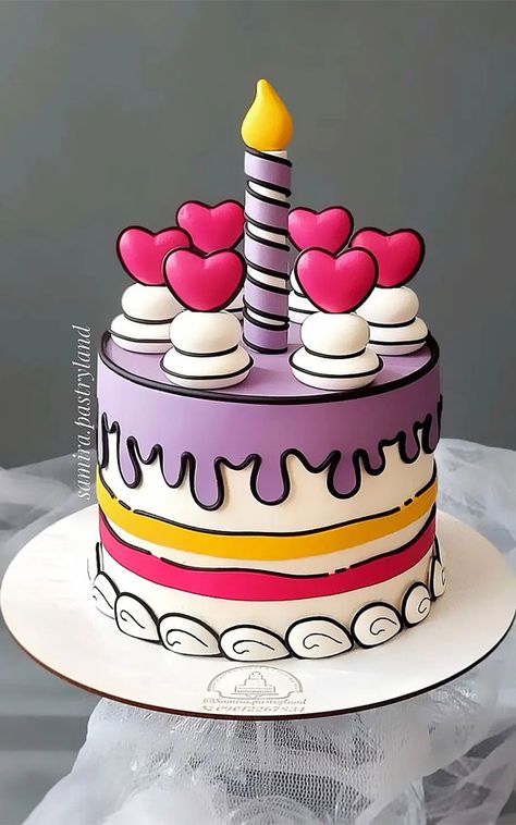 comic cake, comic book cake, outline comic cake, buttercream comic cake, cartoon cake, comic cake designs Baking Cake Design, Cartoon Style Birthday Cake, Cartoon Art Cake, Cartoon Looking Cake, 3d Cartoon Cake, Cartoon Cake Designs Birthday, Carton Cake Ideas, Double Cake Design, Comic Style Cake