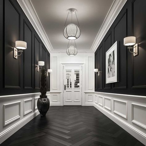 Faux Painting Ceiling Ideas, Home Office Wall Art Ideas, Upstairs Hallway Ideas Modern, Black Walls With White Trim, Modern Moulding Design, Black Entryway Ideas, Hallway Trim Ideas, Black Hallway Ideas, Entryway Wainscoting Ideas