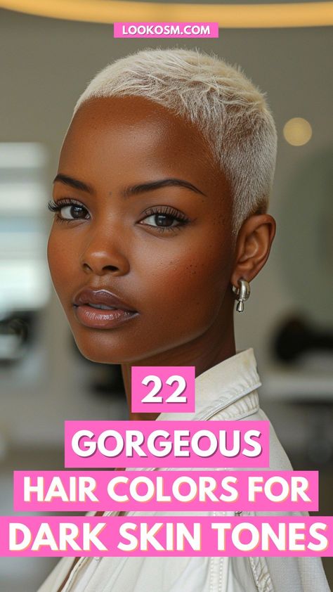 22 Hair Colors for Dark Skin Tones to Try Today Strawberry Blonde 4c Natural Hair, Light Pink Hair On Black Women, Different Hair Colors For Short Hair, Dyed Bald Hair Black Women, Blonde Twa Natural Hair Dark Skin, Color On Brown Skin Women, Blonde Hair Color For Dark Skin, Hair Color Rinse Black Women, Cool Toned Blonde Hair Black Women