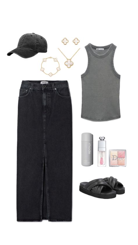 Spring denim skirt outfit idea, sandals, van cleef jewells, grey tank top, Dior makeup essentials Gray Tank Outfit, Spring Denim Skirt Outfit, Grey Tank Top Outfit, Denim Skirt Outfit, Spring Denim, Denim Skirt Outfits, Tank Outfit, Outfit Layout, Tank Top Outfits