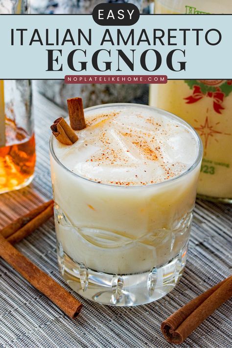 Make this tasty and easy Italian Amaretto Eggnog at your next party and spread the holiday cheer. Pitcher instructions included. Add this tasty, festive and gluten-free eggnog recipe to your holiday drink list. Click the link to get this delicious recipe! Amaretto Eggnog Recipe, Amaretto Syrup Recipe, Egg Nog Drink Recipes, Eggnog Punch With Alcohol, Eggnog Recipe Alcoholic, Amaretto Punch Recipes, Eggnog Shots Recipe, Italian Christmas Drinks, Christmas White Russian Recipe