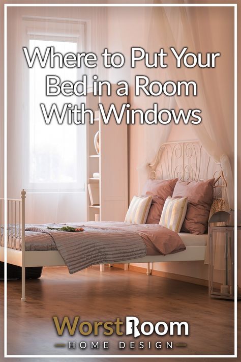 Where to Put Your Bed in a Room With Windows Bedroom Ideas With Bed In Front Of Window, Bedroom With Door In The Middle, Floating Bed In Middle Of Room, Room Layout Bedroom 2 Windows, Lots Of Windows In Bedroom, Bed Near Door Ideas, Bed Facing Closet, Bed Against Wall With Window, Bed Facing Window Layout